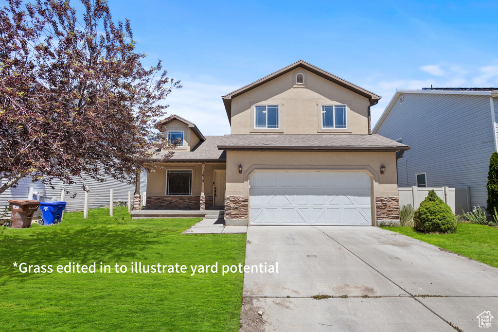 Traditional-style house featuring stone siding, a garage, concrete driveway, stucco siding, and a shingled roof