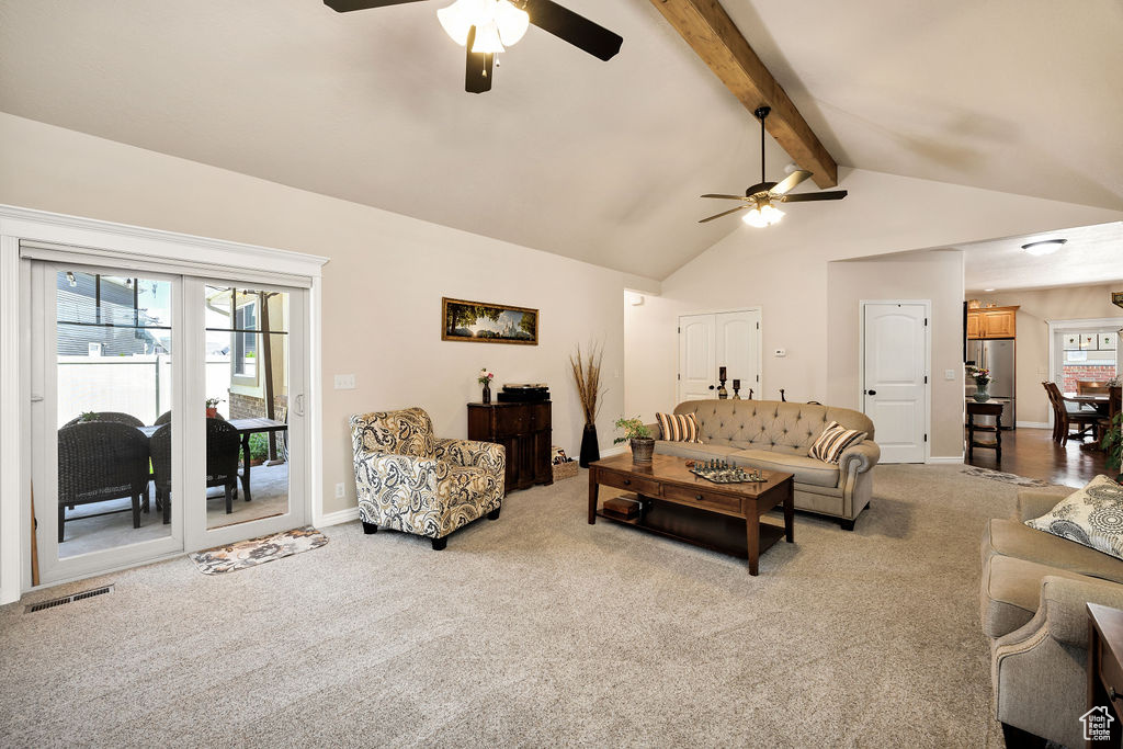 Living area featuring a ceiling fan, carpet, and plenty of natural light