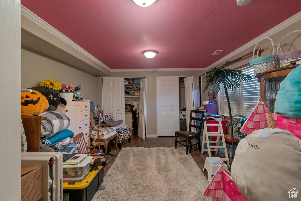 Game room with wood finished floors and crown molding