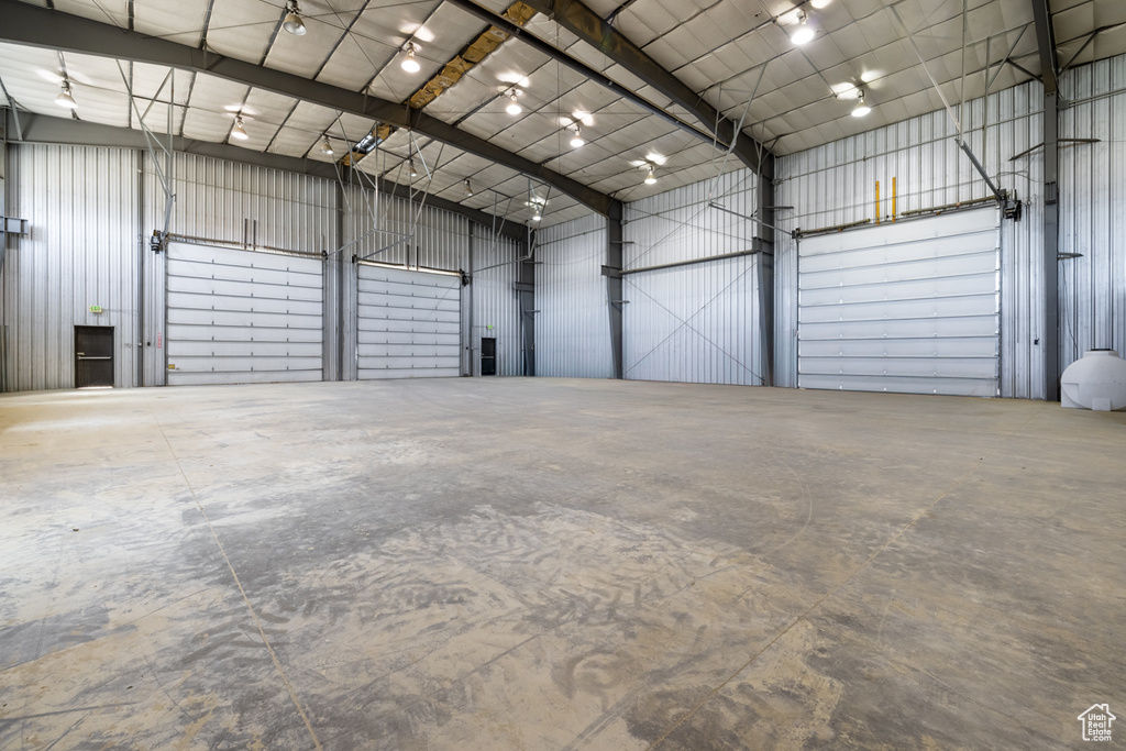 Garage featuring metal wall