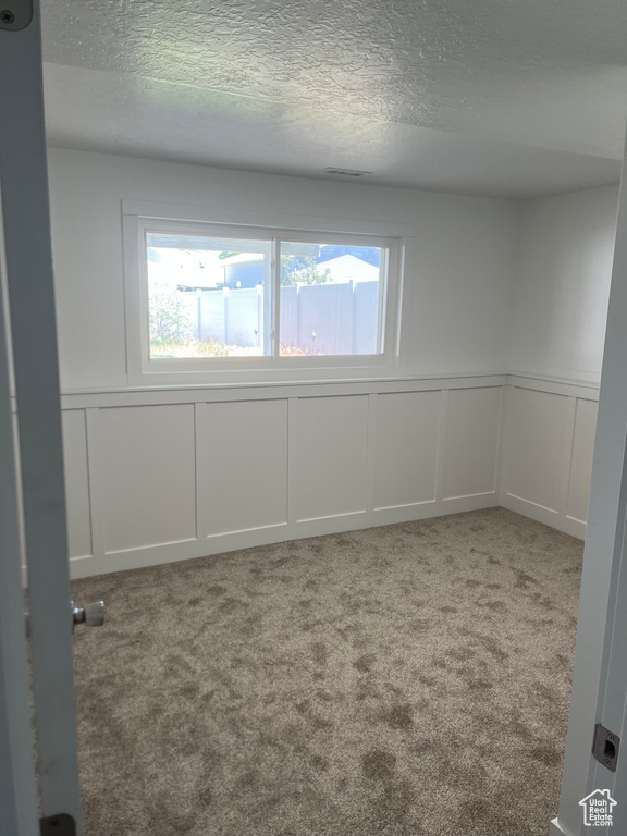 Carpeted empty room featuring a decorative wall, a textured ceiling, and wainscoting