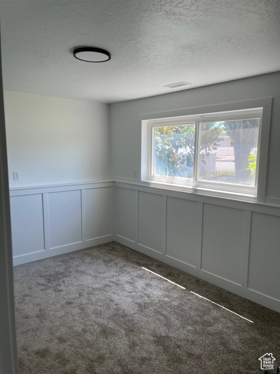 Spare room featuring a decorative wall, a textured ceiling, carpet, and a wainscoted wall