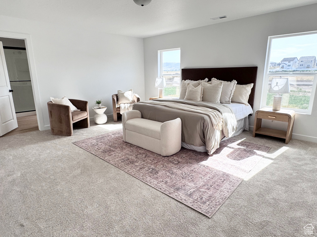 Carpeted bedroom with baseboards