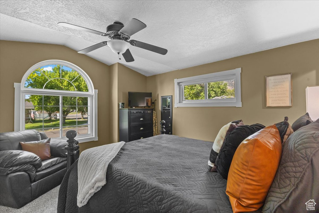 Bedroom with vaulted ceiling, ceiling fan, and a textured ceiling