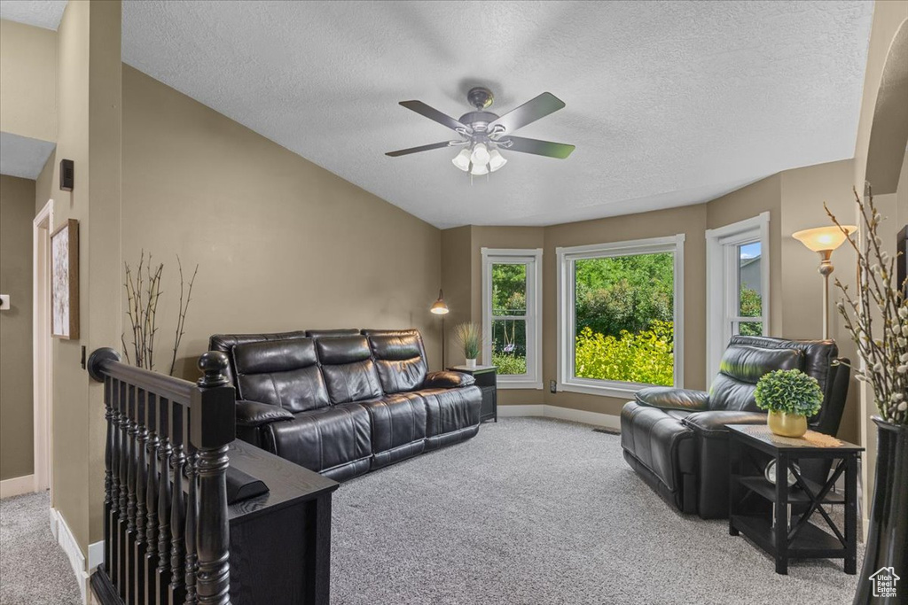 Living room featuring carpet flooring, a ceiling fan, and a textured ceiling
