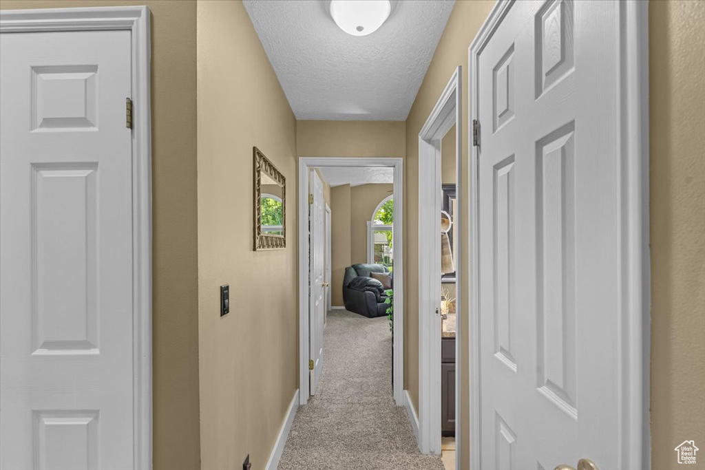 Hallway with light carpet and a textured ceiling
