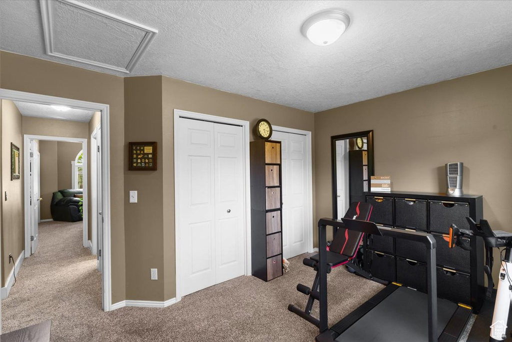 Workout room featuring carpet, a textured ceiling, and attic access