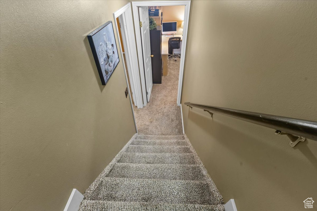 Staircase featuring carpet and a textured wall