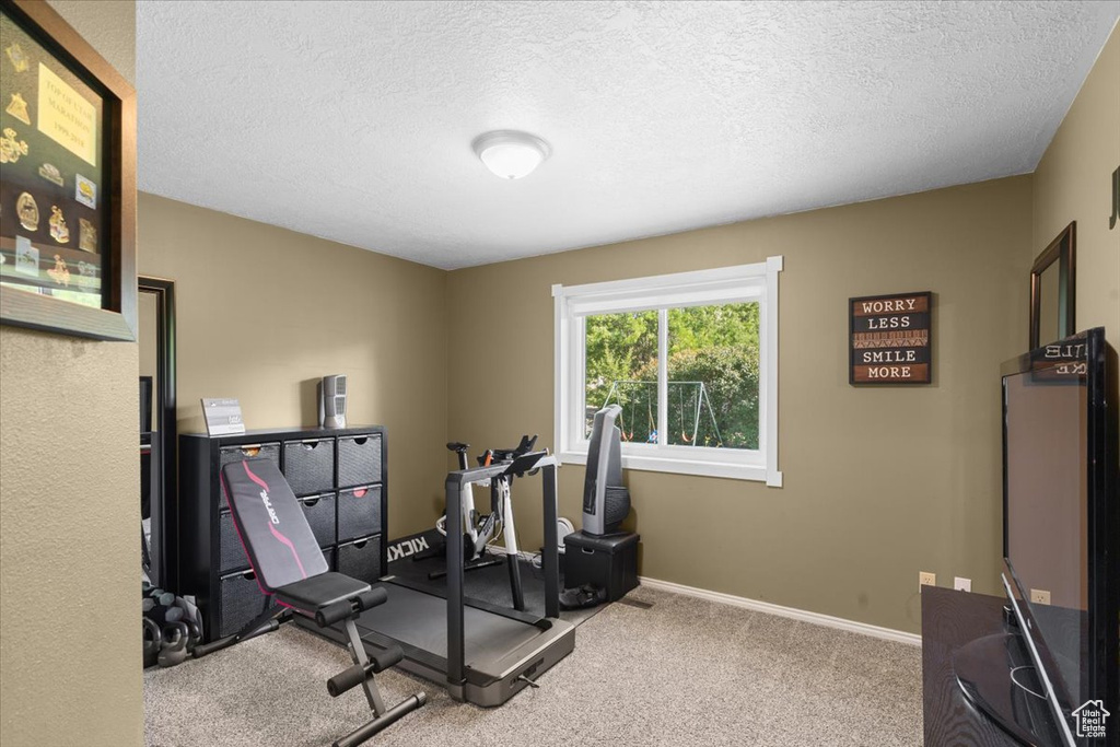 Workout room with a textured ceiling and carpet flooring