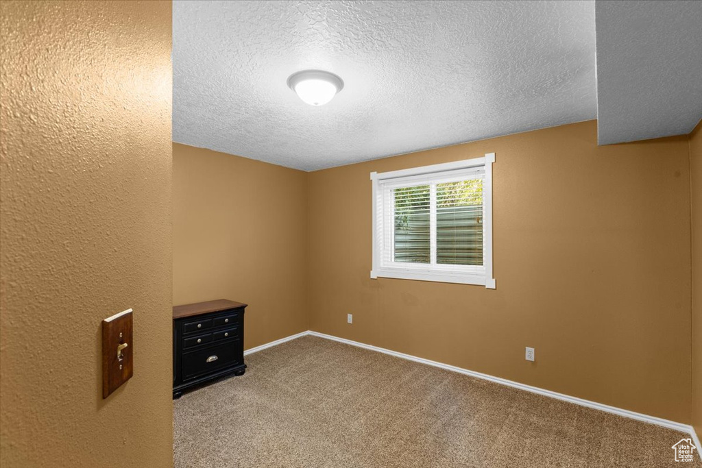 Carpeted empty room featuring a textured ceiling and baseboards