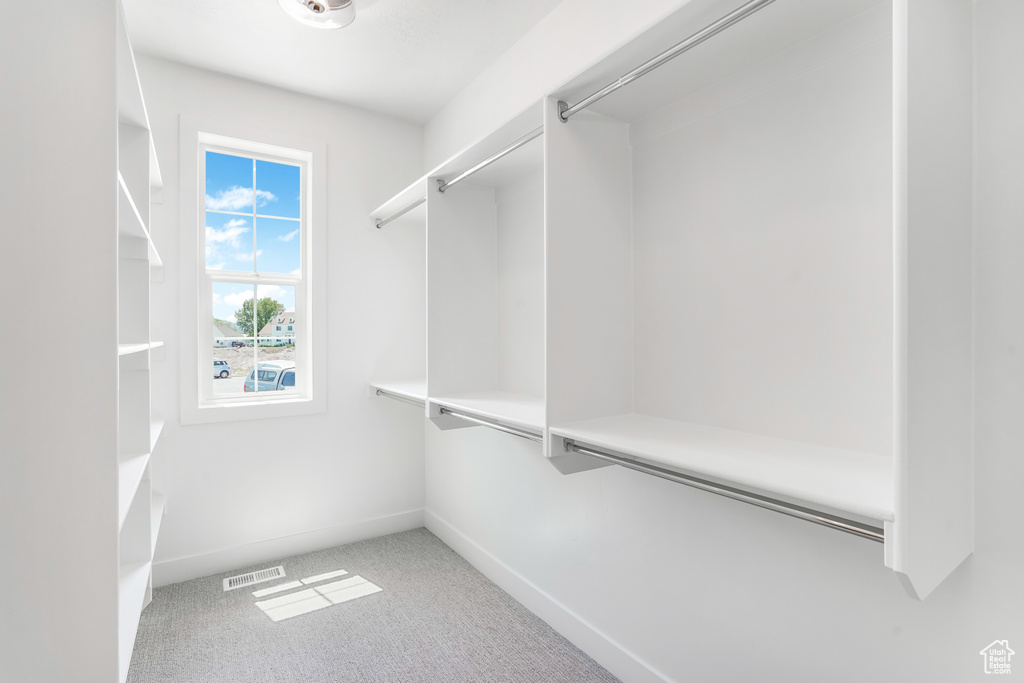 Walk in closet with light carpet