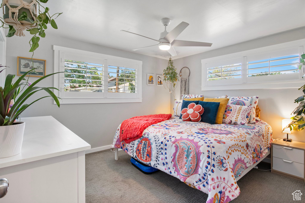 Bedroom featuring carpet, multiple windows, and ceiling fan