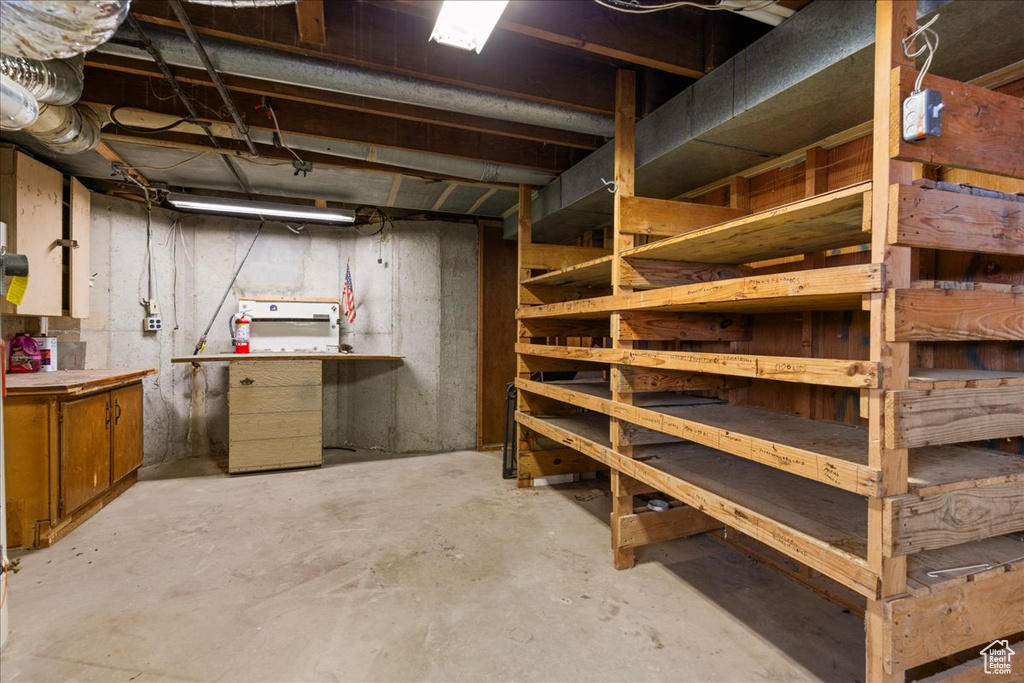 Unfinished basement with a workshop area