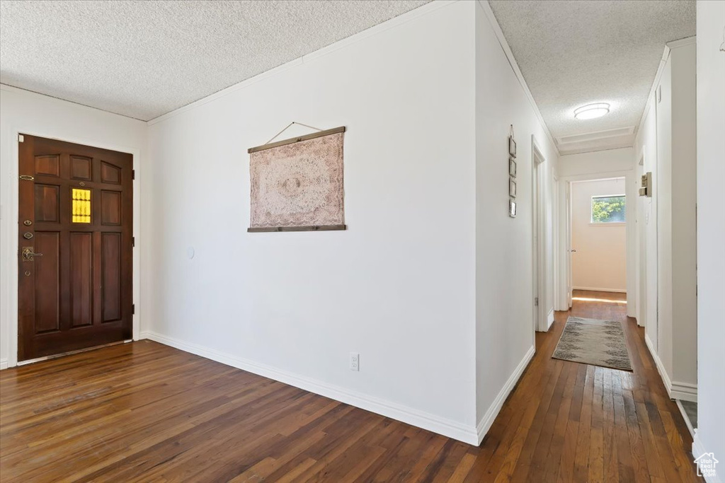Entrance foyer featuring a textured ceiling, hardwood / wood-style floors, and crown molding