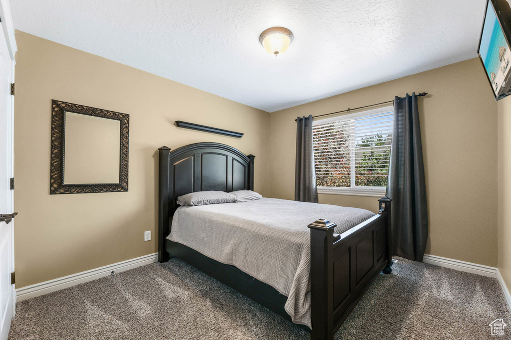 Bedroom featuring carpet floors and a textured ceiling
