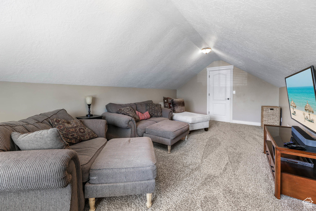 Living room with a textured ceiling, lofted ceiling, and carpet