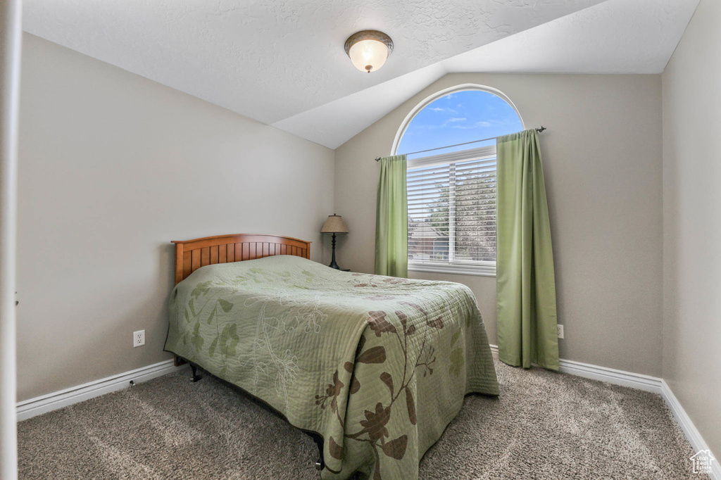 Bedroom featuring carpet flooring and lofted ceiling