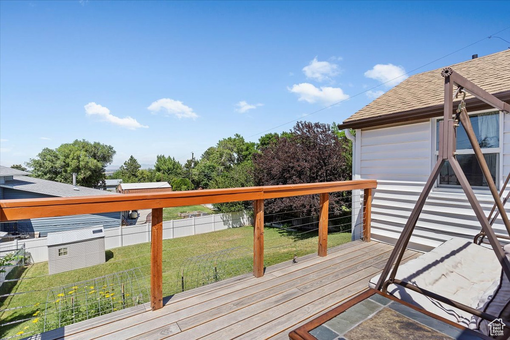 Wooden deck with a fenced backyard