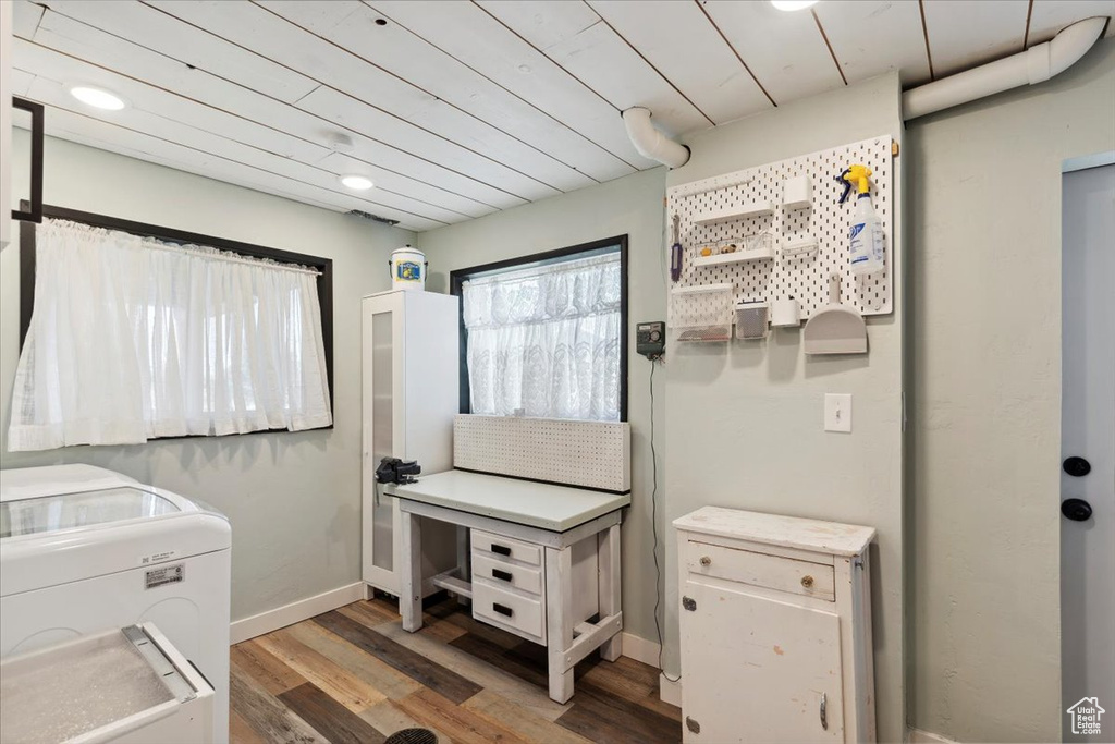 Laundry room featuring washer / dryer, light wood-style flooring, recessed lighting, and wooden ceiling