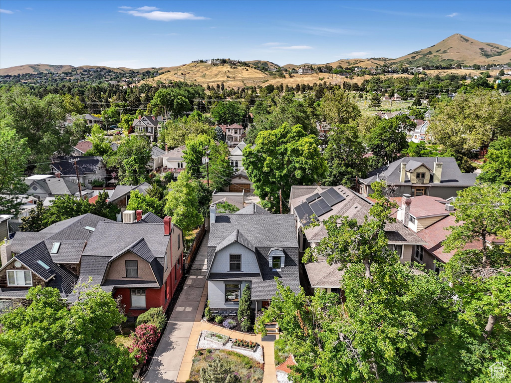 Aerial view of residential area with mountains