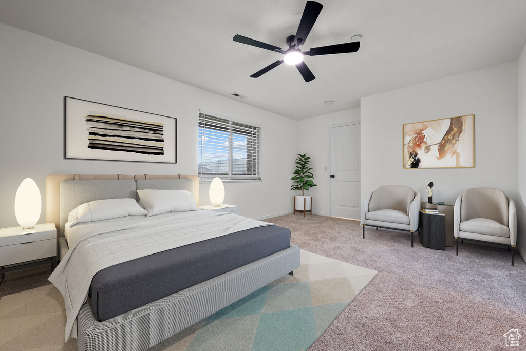 Bedroom featuring carpet floors and ceiling fan