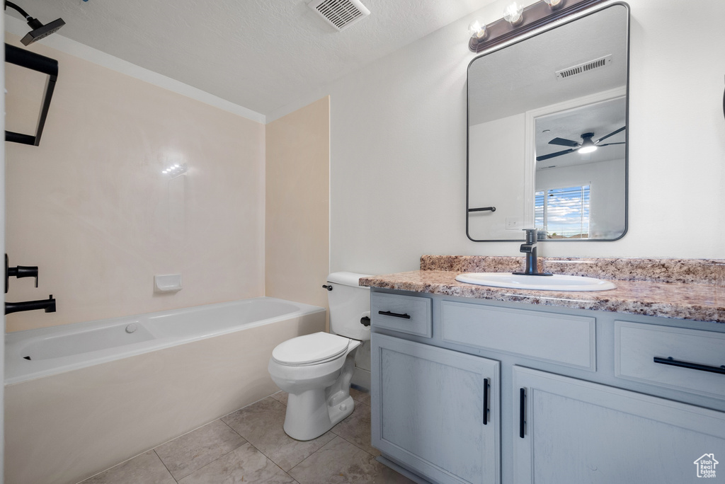 Full bathroom with vanity, a ceiling fan, and tile patterned flooring