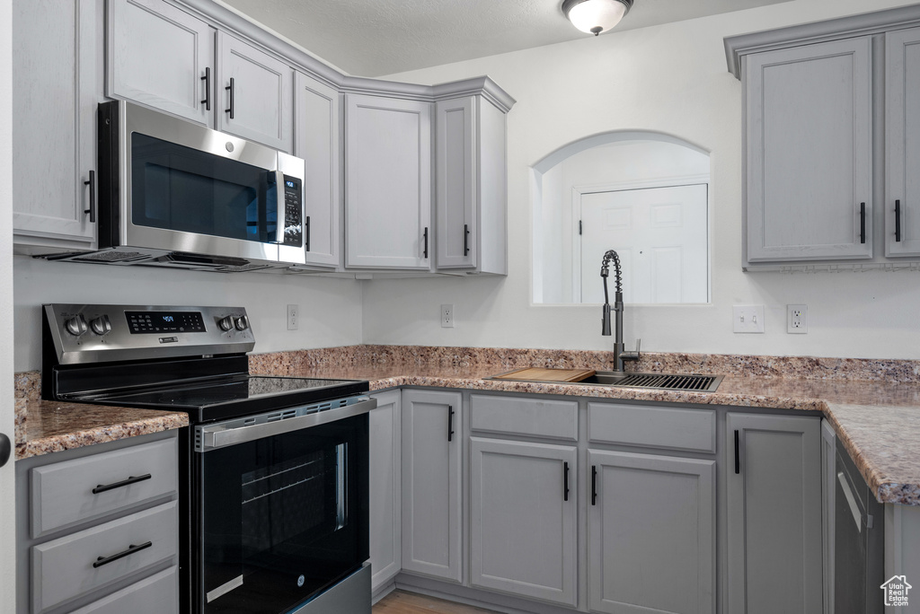 Kitchen with appliances with stainless steel finishes and gray cabinets