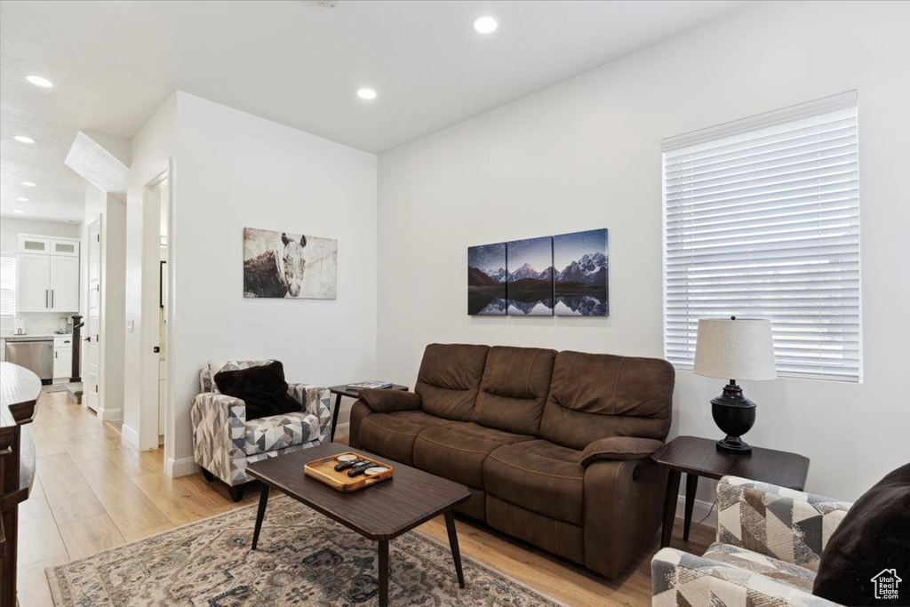 Living room with light wood-type flooring, recessed lighting, and healthy amount of natural light
