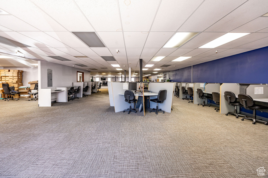 Misc room featuring carpet flooring, a drop ceiling, a desk, and electric panel