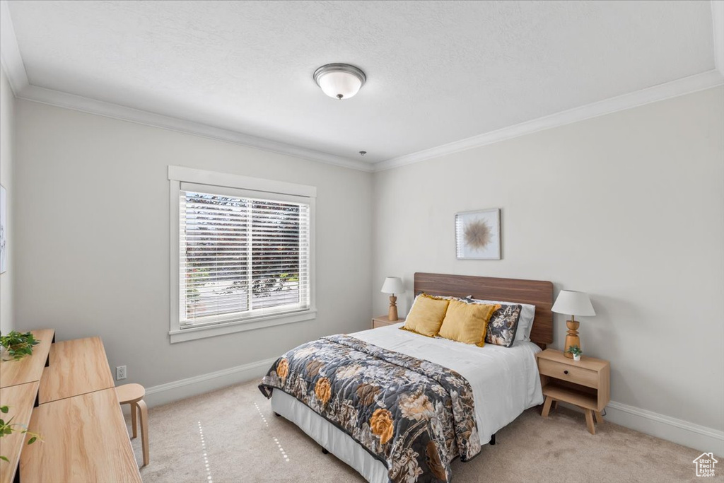 Bedroom featuring light colored carpet and ornamental molding