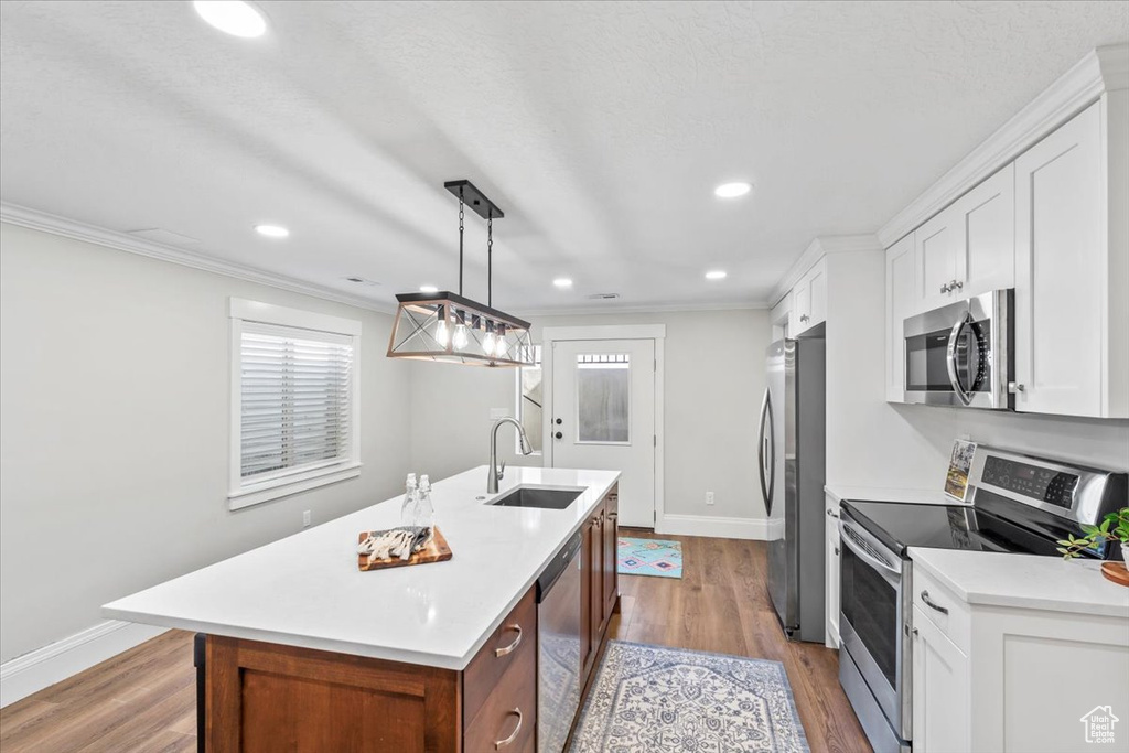 Kitchen featuring stainless steel appliances, an island with sink, ornamental molding, light countertops, and wood finished floors