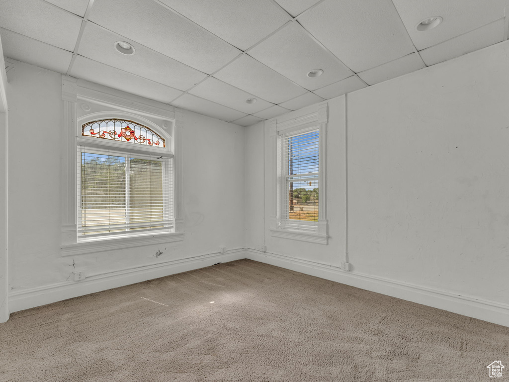 Carpeted empty room with healthy amount of natural light and a paneled ceiling
