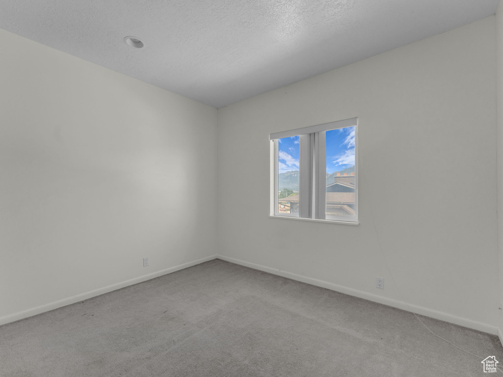 Empty room featuring light colored carpet and a textured ceiling
