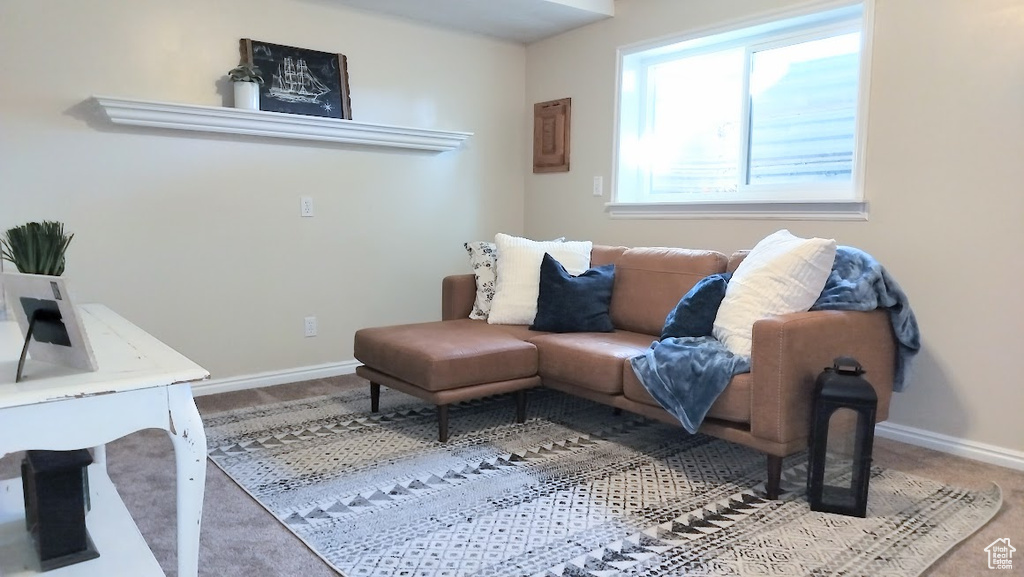 Living area featuring baseboards and carpet flooring