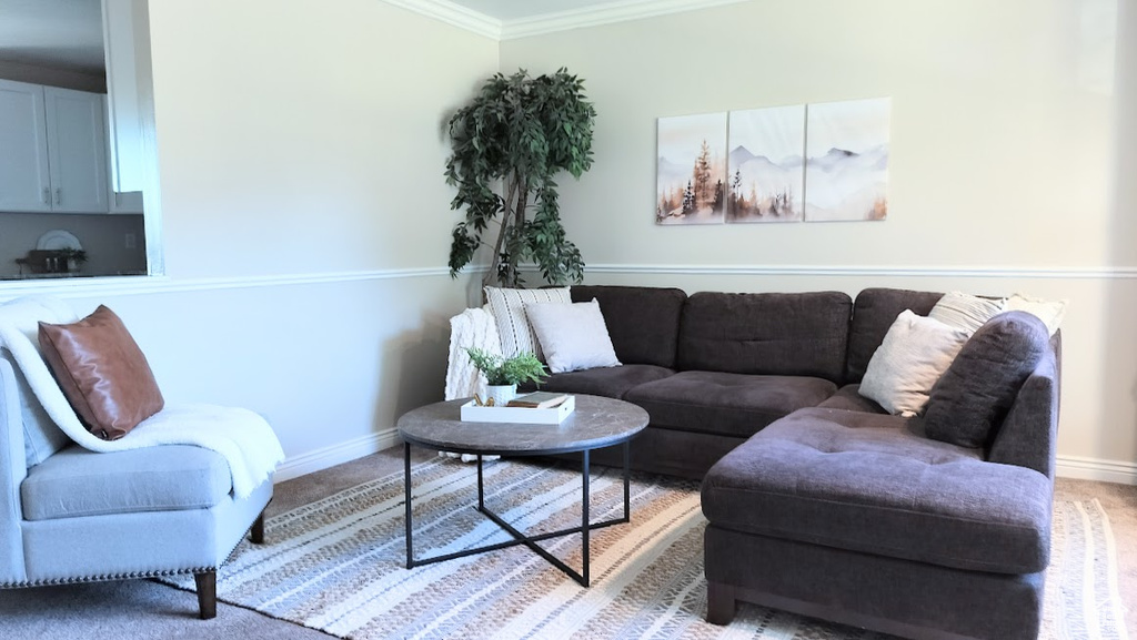 Carpeted living area with crown molding and baseboards