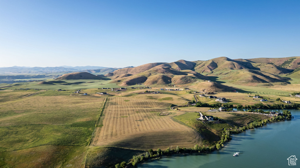 Mountain view with rural landscape and a large body of water