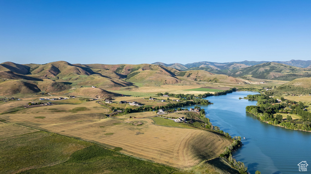 Aerial overview of property's location with a water and mountain view