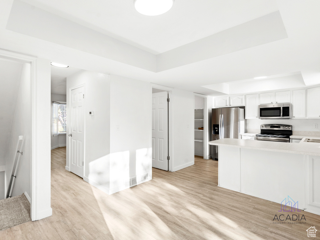 Kitchen featuring stainless steel appliances, a tray ceiling, light wood-style floors, and light countertops