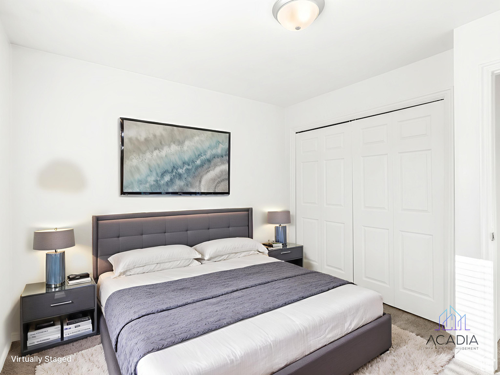 Bedroom featuring carpet flooring and a closet