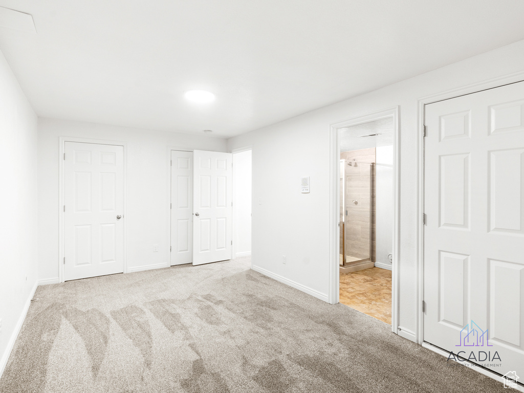 Unfurnished bedroom featuring carpet flooring, ensuite bath, and multiple closets