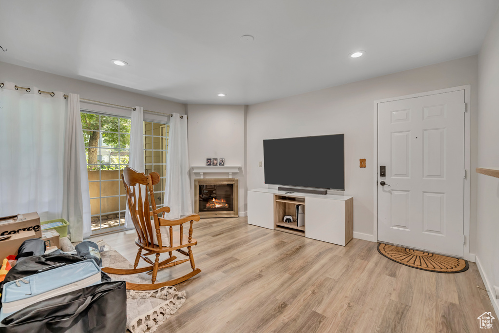 Living room featuring a fireplace, light wood finished floors, and recessed lighting