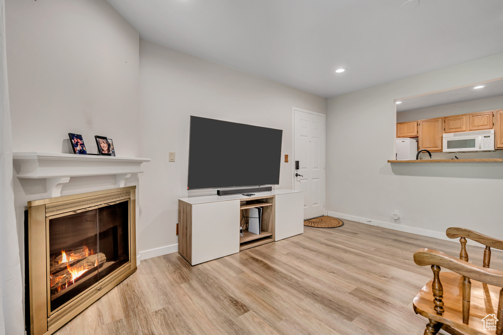 Living room with a glass covered fireplace, recessed lighting, and light wood-style floors