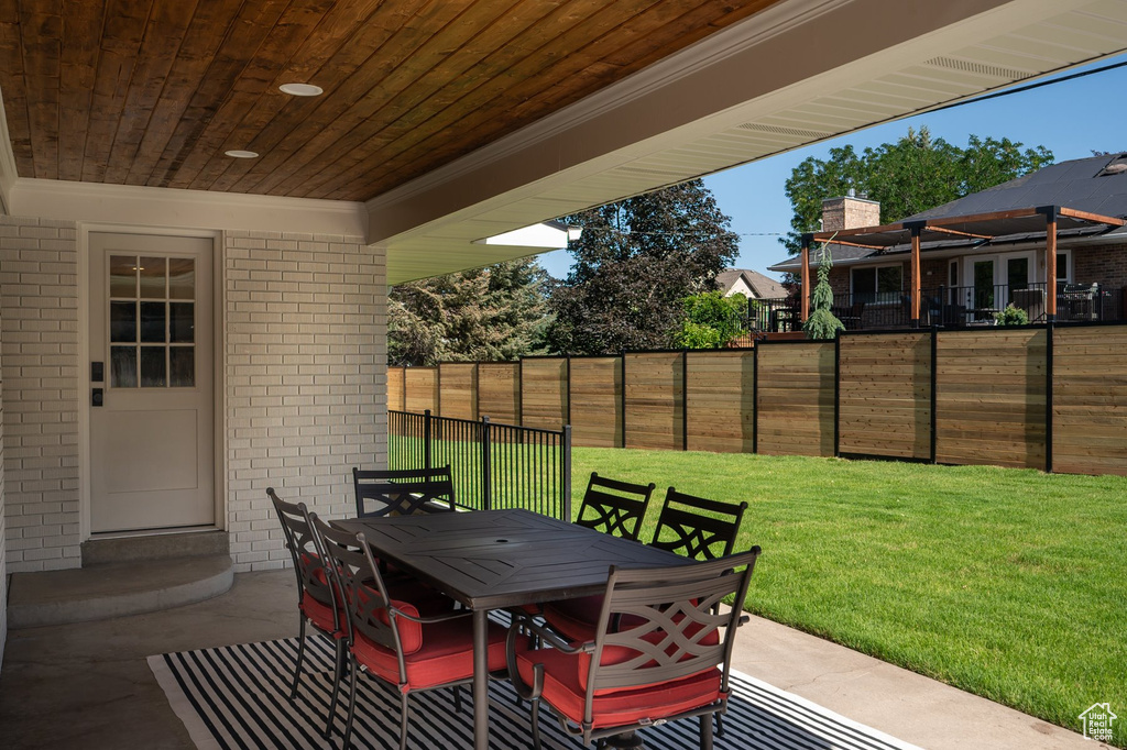 Fenced backyard with outdoor dining area and a patio