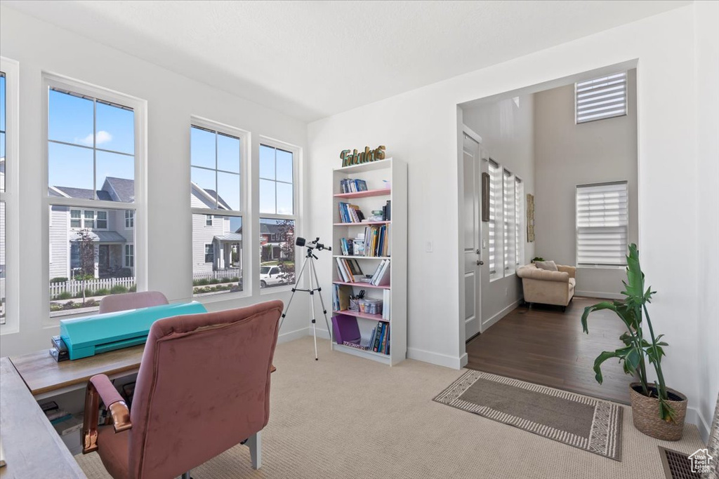 Carpeted home office featuring healthy amount of natural light