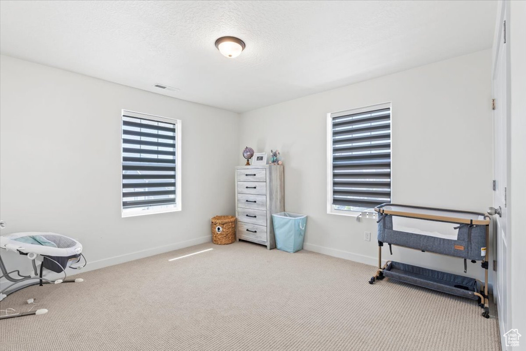 Carpeted bedroom with multiple windows