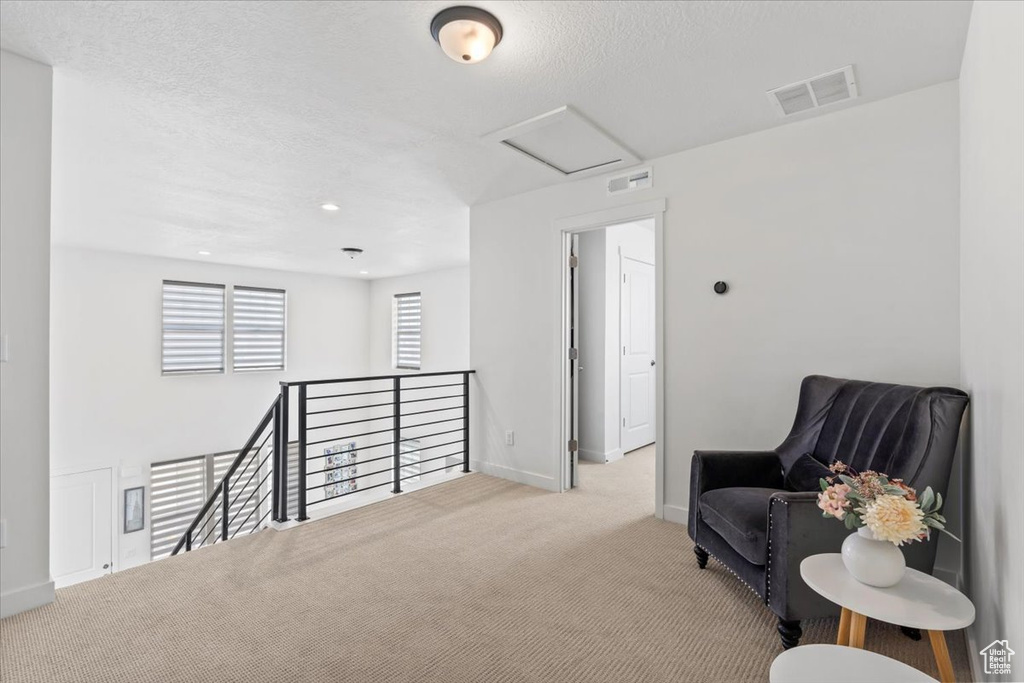 Living area with attic access, carpet, an upstairs landing, and a textured ceiling