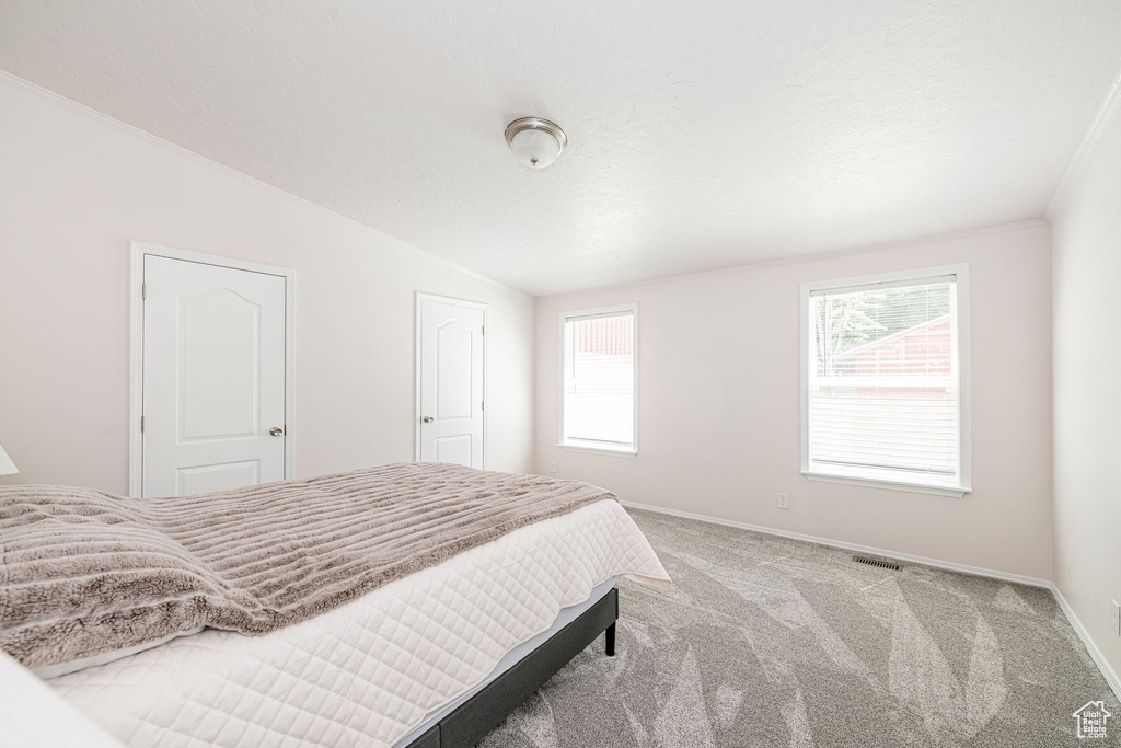 Bedroom featuring carpet and ornamental molding