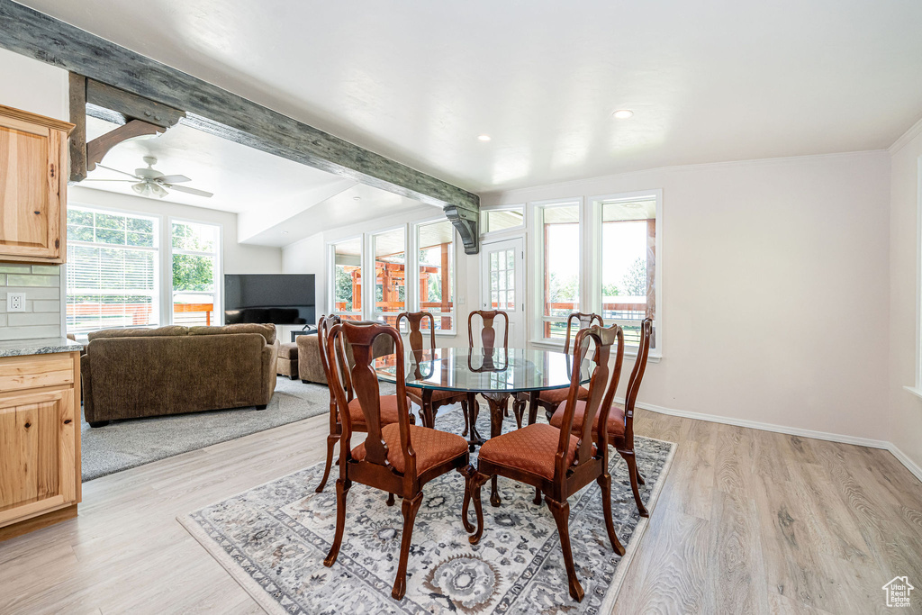 Dining space featuring light wood-type flooring, a ceiling fan, beam ceiling, and recessed lighting