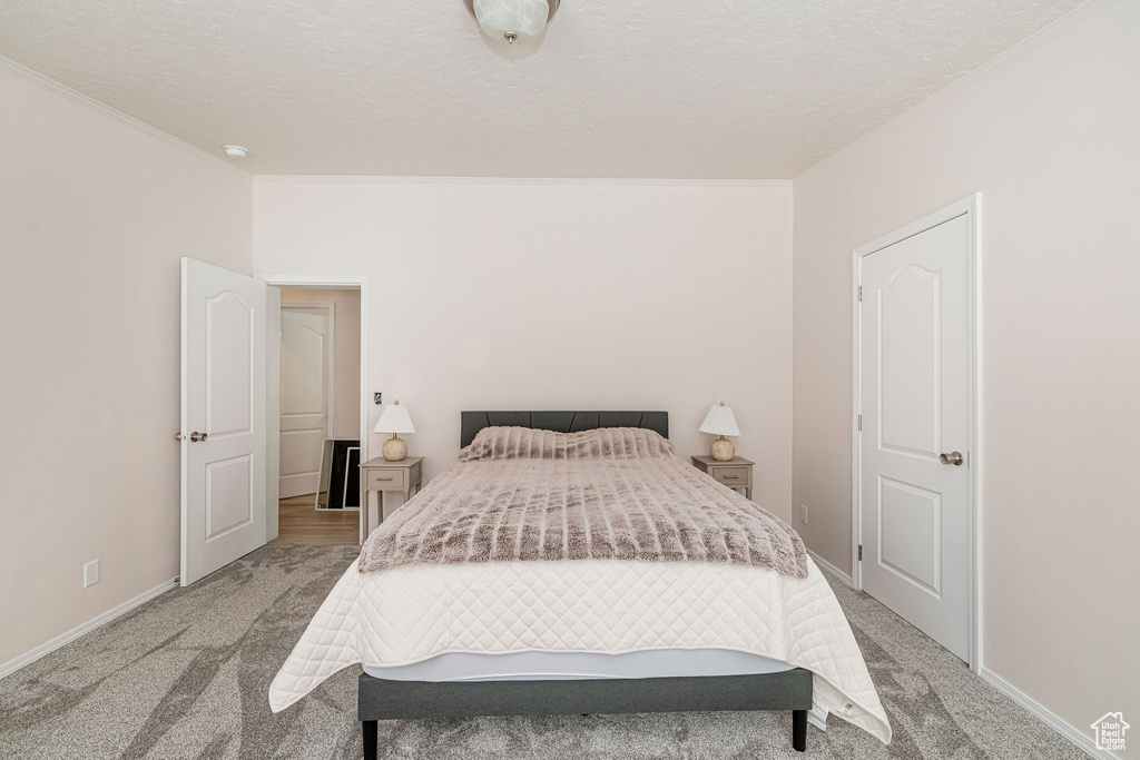 Bedroom featuring light carpet and a textured ceiling
