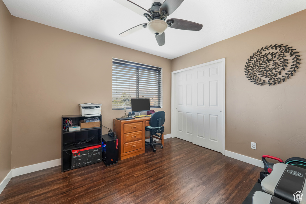 Office space featuring wood finished floors and ceiling fan